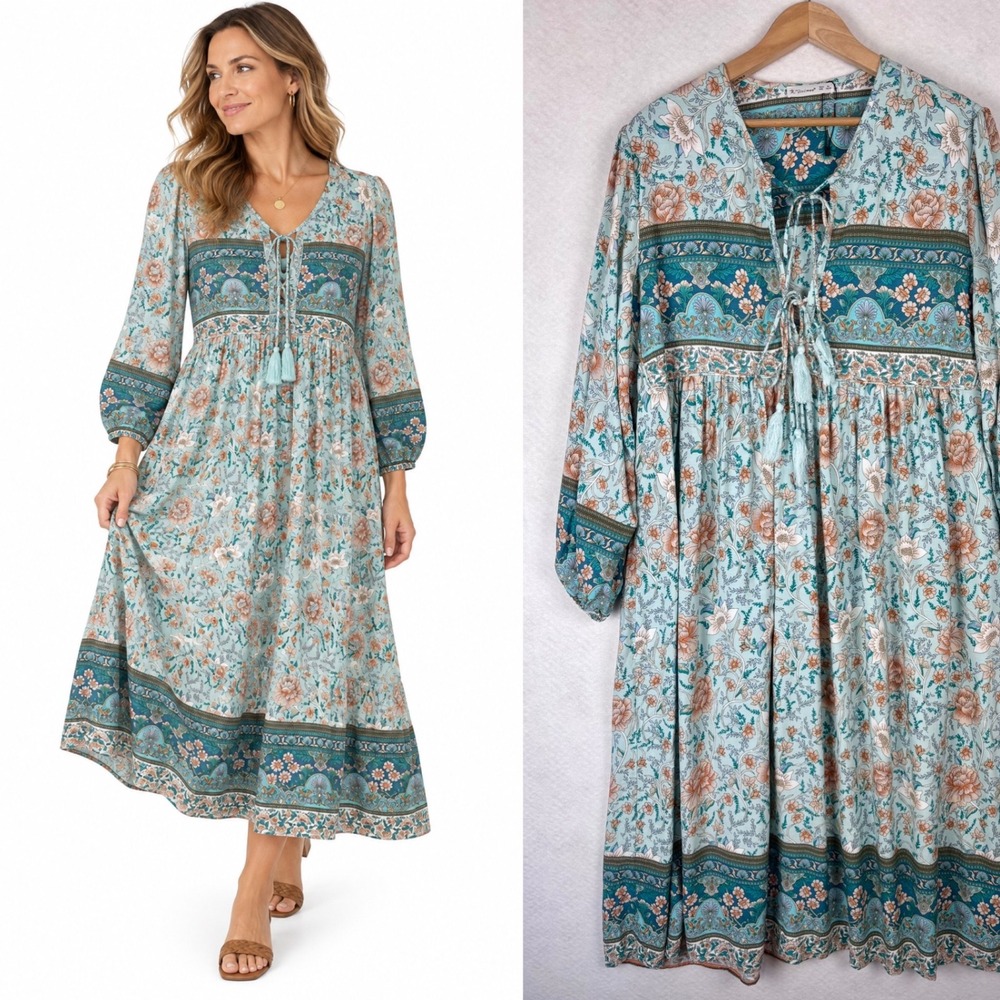 Floral Boho Midi Dress Size XL 16/18 Rayon Cotton Tassel Tie V-Neck Resort Fall